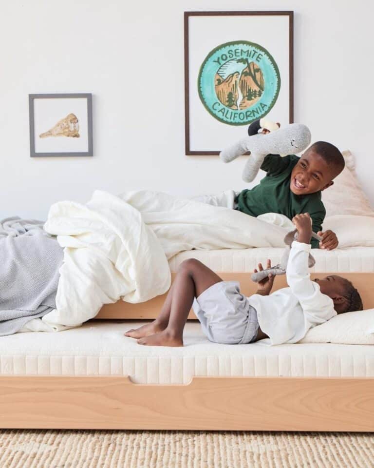 Child bedroom featuring a non-toxic organic kids mattress made without fiberglass or polyurethane foam.