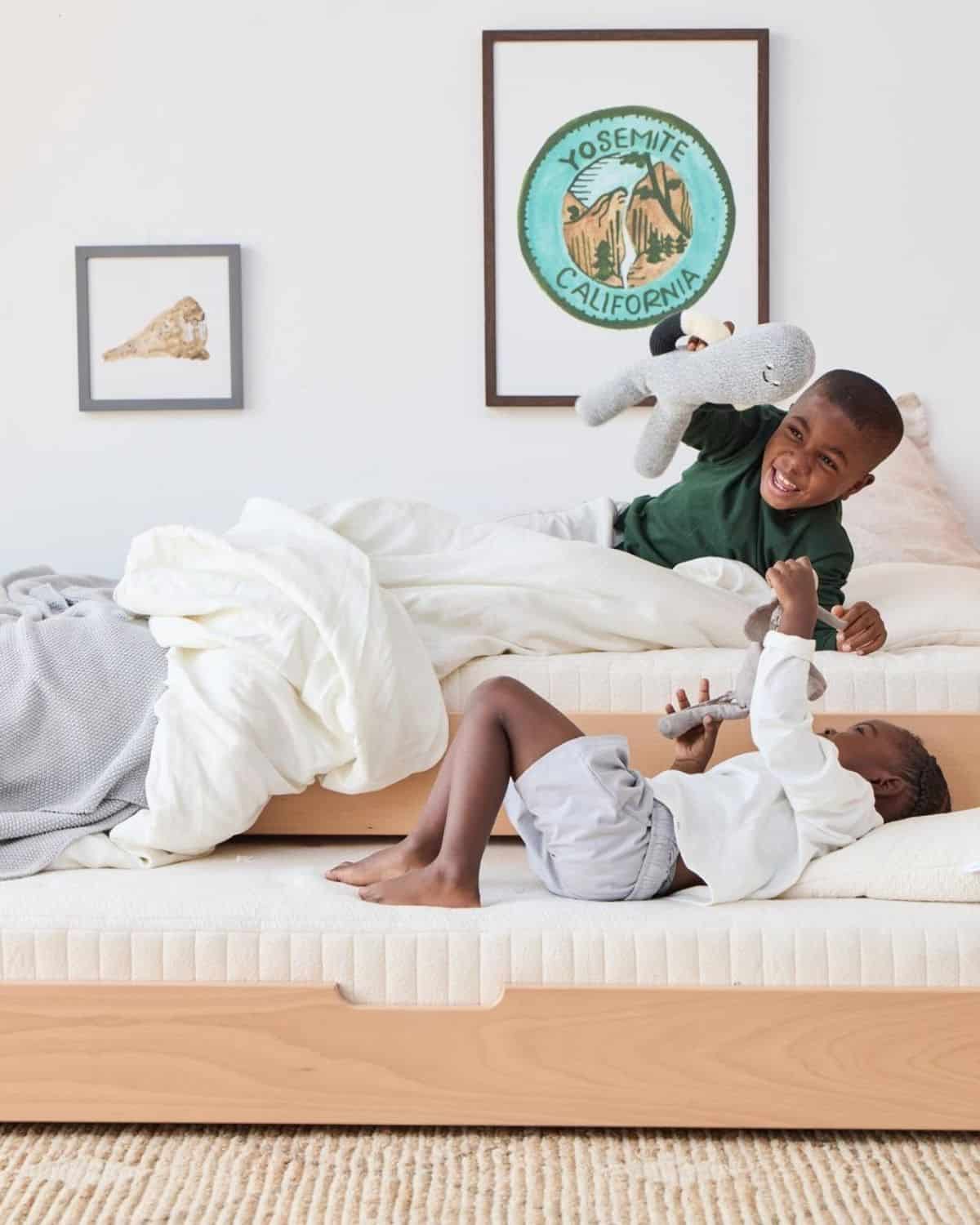 Child bedroom featuring a non-toxic organic kids mattress made without fiberglass or polyurethane foam.