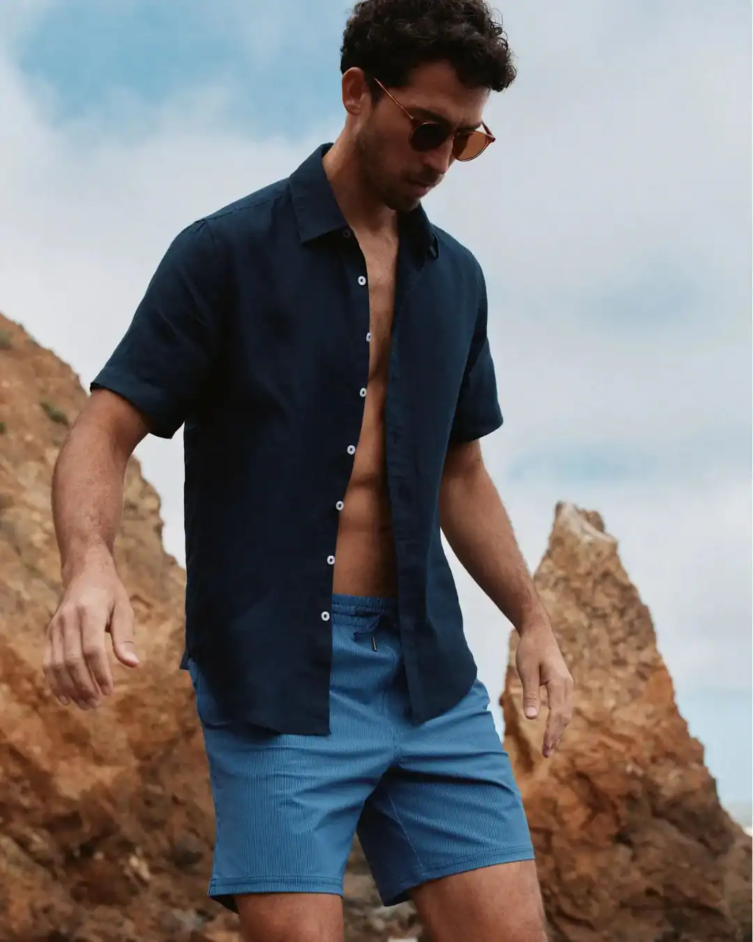 Quince men’s sustainable swimwear made with recycled nylon and OEKO-TEX certified PFAS-free materials.