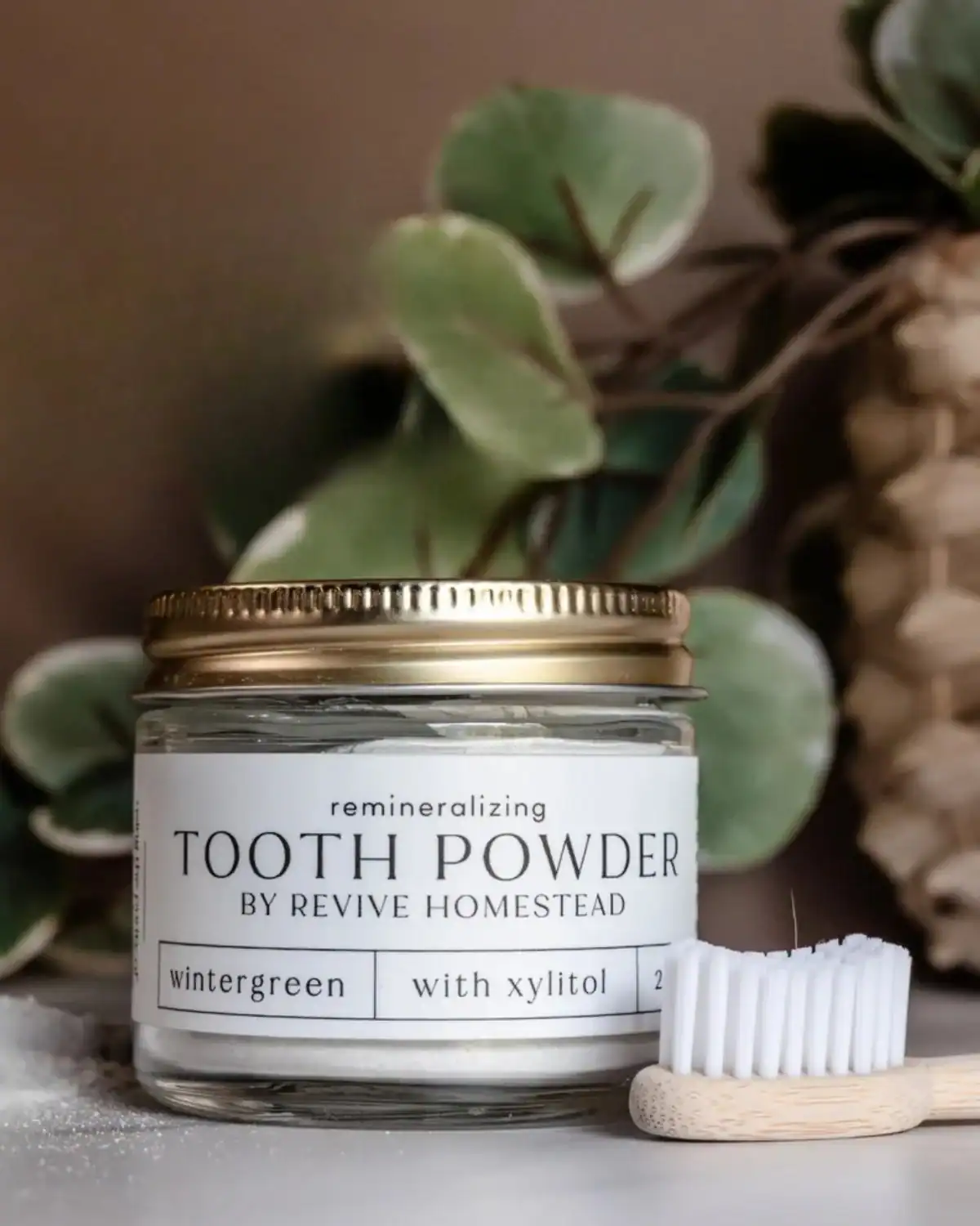 Revive Homestead non-toxic tooth powder made with micro hydroxyapatite and minimalist oral care ingredients.