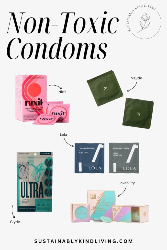 Non-toxic condom comparison graphic featuring Maude, Nixit, Lola, Glyde, and Lovability condoms made with cleaner ingredients and fewer irritating additives for sensitive skin and safer intimate wellness.