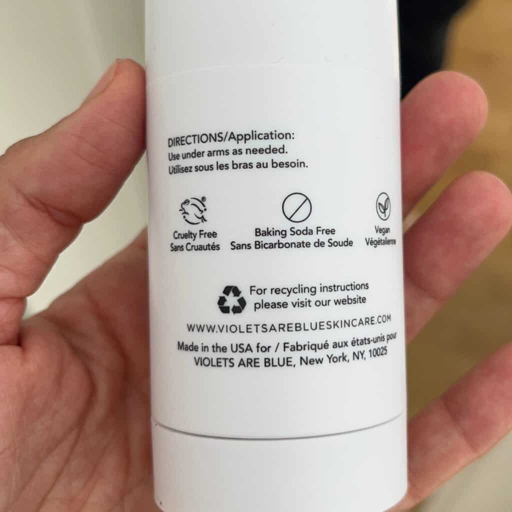 Blissoma magnesium deodorant stick label showing baking soda free, vegan, and cruelty free claims