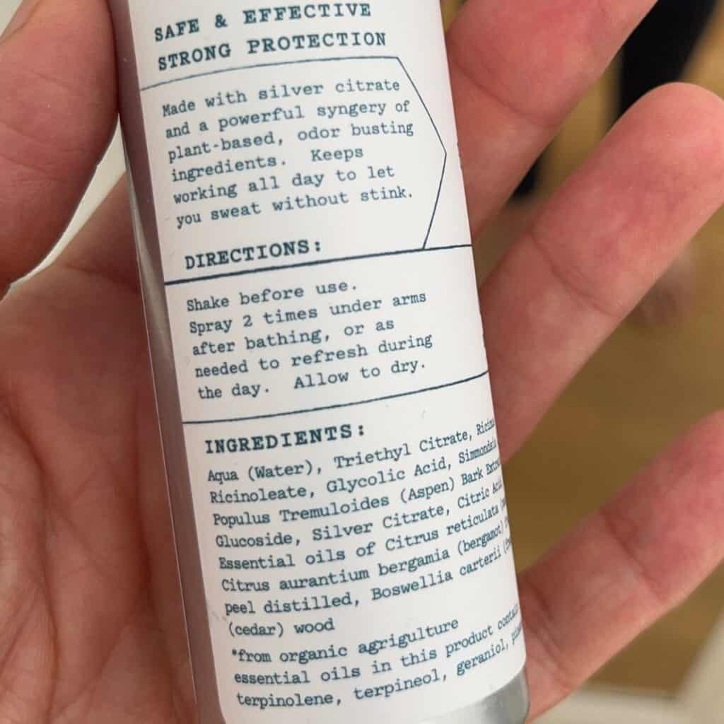 Blissoma natural deodorant ingredients including zinc ricinoleate, triethyl citrate, and silver citrate