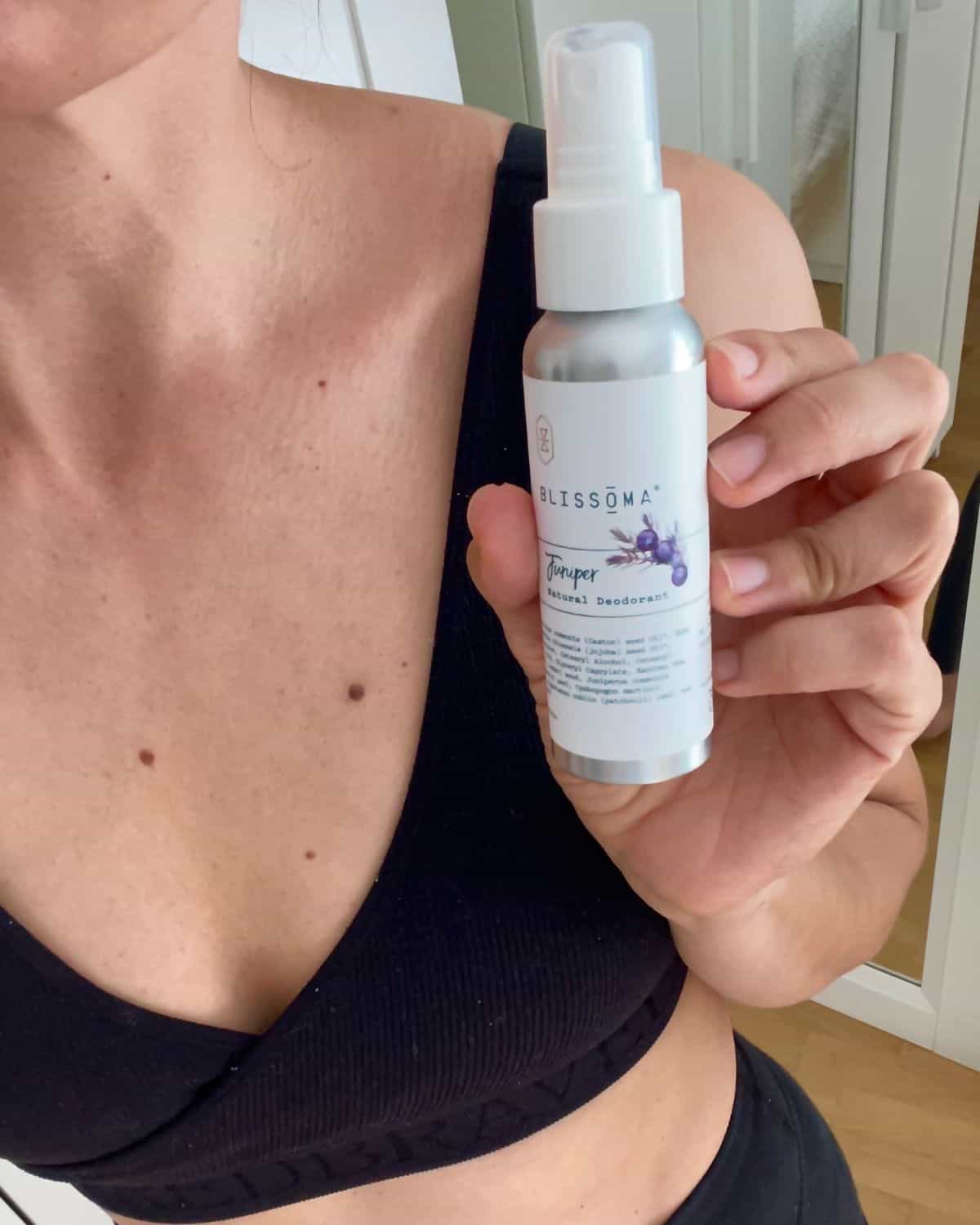 holding Blissoma natural deodorant spray real life non toxic deodorant review
