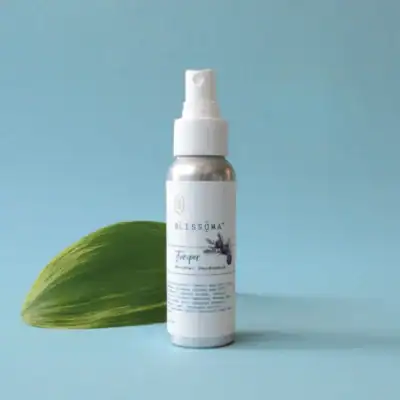 Blissoma Juniper Natural Deodorant Aromatic Spray with essential oils and aluminum-free odor protection in a spray formula.