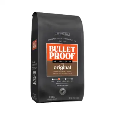 Bulletproof whole bean coffee featuring medium roast specialty coffee beans selected for flavor and consistency.