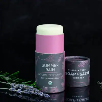 Chagrin Valley Soap and Salve Summer Rain natural deodorant stick with organic ingredients and aluminum-free odor protection.