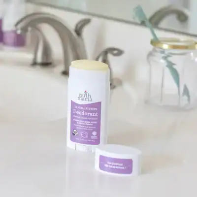 Earth Mama Calming Lavender deodorant with organic lavender and aluminum-free odor protection for sensitive skin.