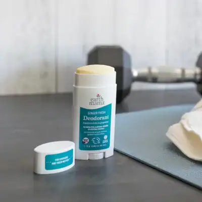 Earth Mama Ginger Fresh deodorant with organic ginger and lime oils for natural odor protection without aluminum.