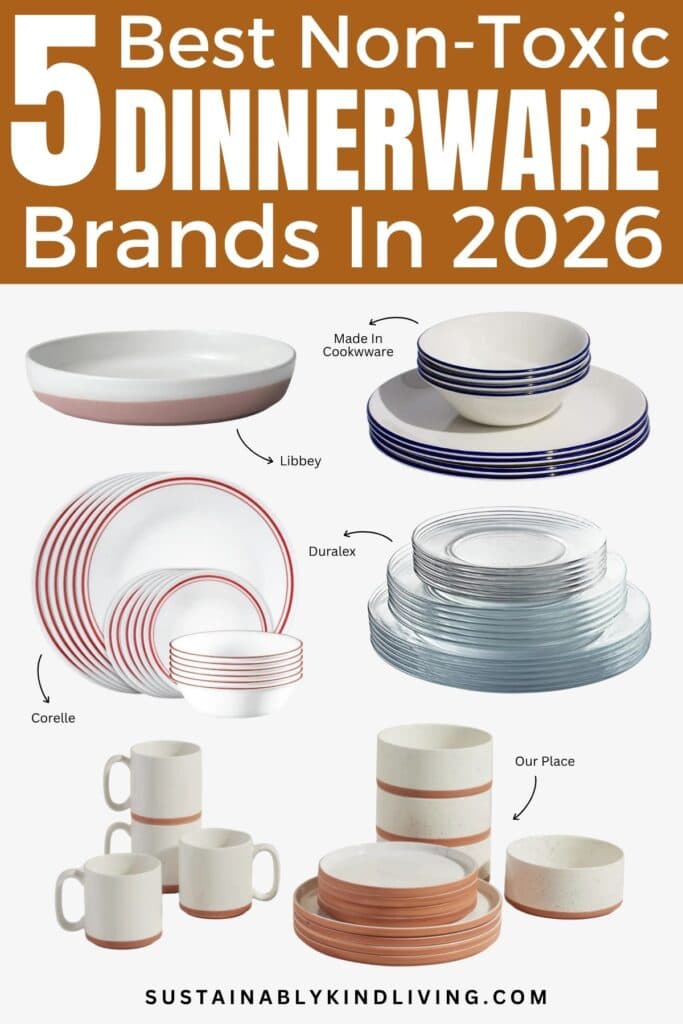 Graphic titled “5 Best Non-Toxic Dinnerware Brands In 2026.” The image features five lead-free and cadmium-free dinnerware brands.