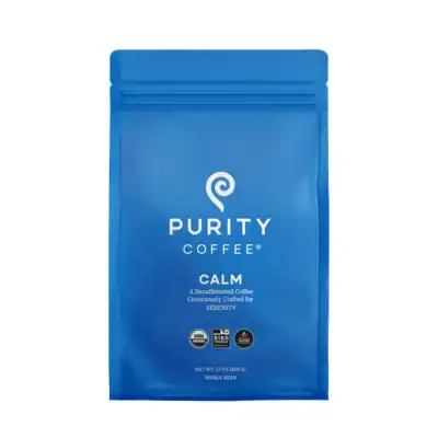 Purity Coffee decaf organic coffee made using a chemical-free decaffeination process and specialty-grade coffee beans.