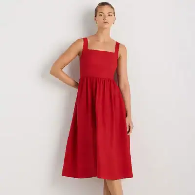Quince 100% European Linen Fit & Flare Midi Dress in red, affordable linen midi dress with square neckline and flowy skirt.