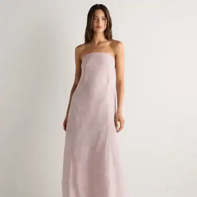 Quince 100% European Linen Strapless Maxi Dress in vintage pink chambray, affordable linen maxi dress with relaxed silhouette and pockets.