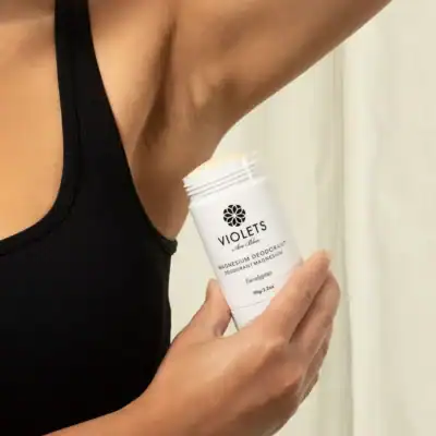 Violets Are Blue Eucalyptus Magnesium Deodorant Stick with magnesium-based odor protection and natural eucalyptus scent.