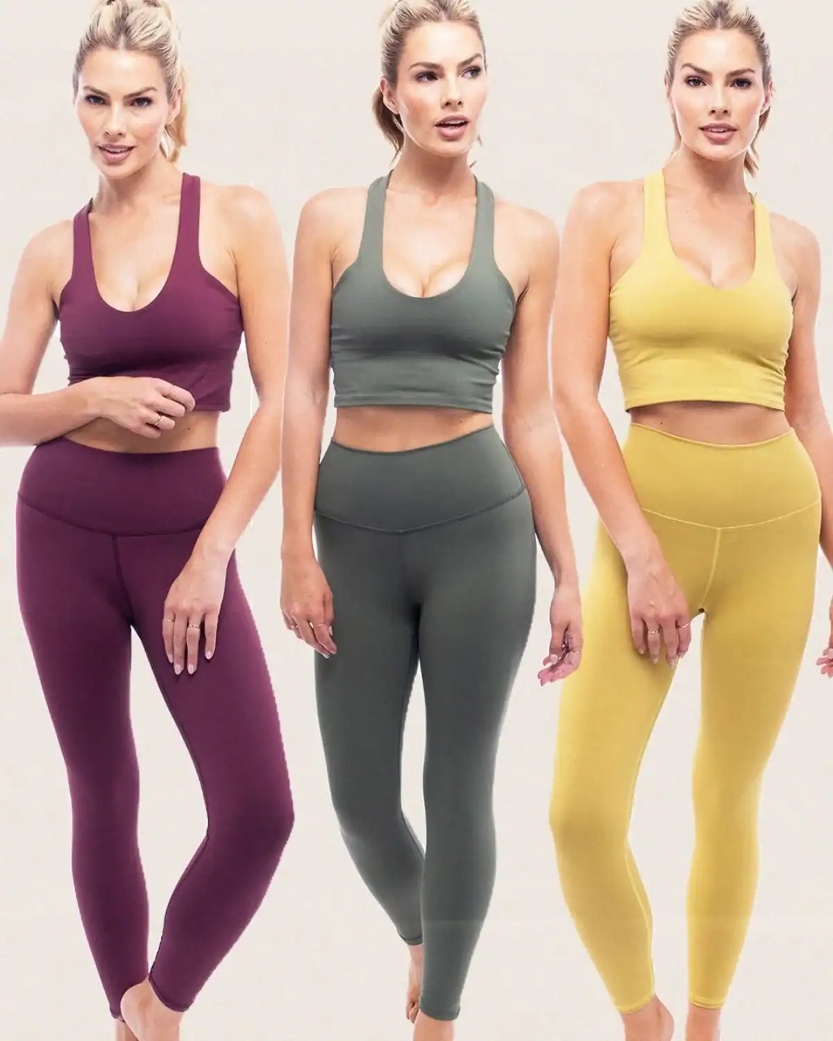 Three women in colorful Lezat activewear made with GOTS-certified organic cotton and low-impact dyes in Los Angeles.