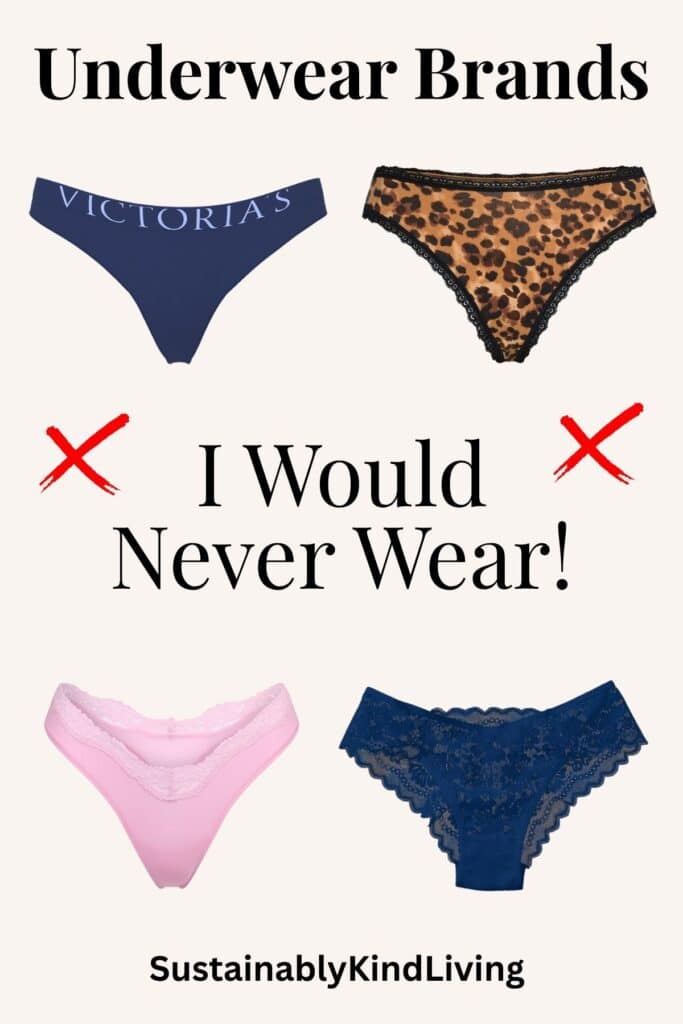 Image featuring four synthetic underwear styles with the text "Underwear Brands I Would Never Wear!" highlighting underwear brands Danielle Alvarado does not recommend due to concerns about synthetic materials and chemical exposure.