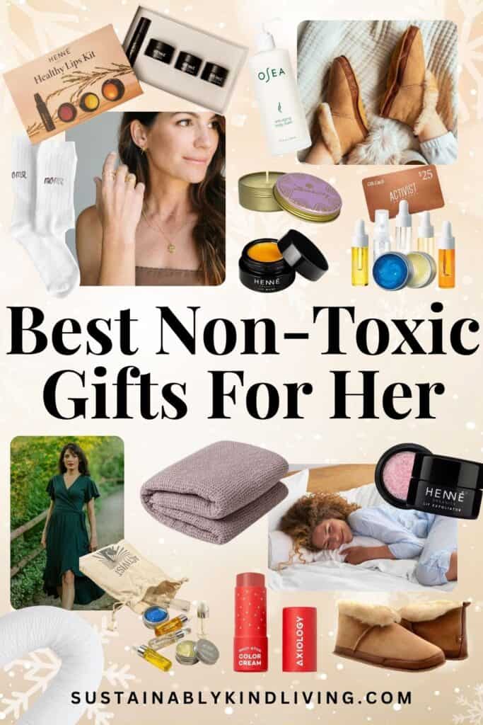 Non-toxic gifts for her featuring organic cotton clothing, linen home goods, clean beauty, natural slippers and ethical jewelry.