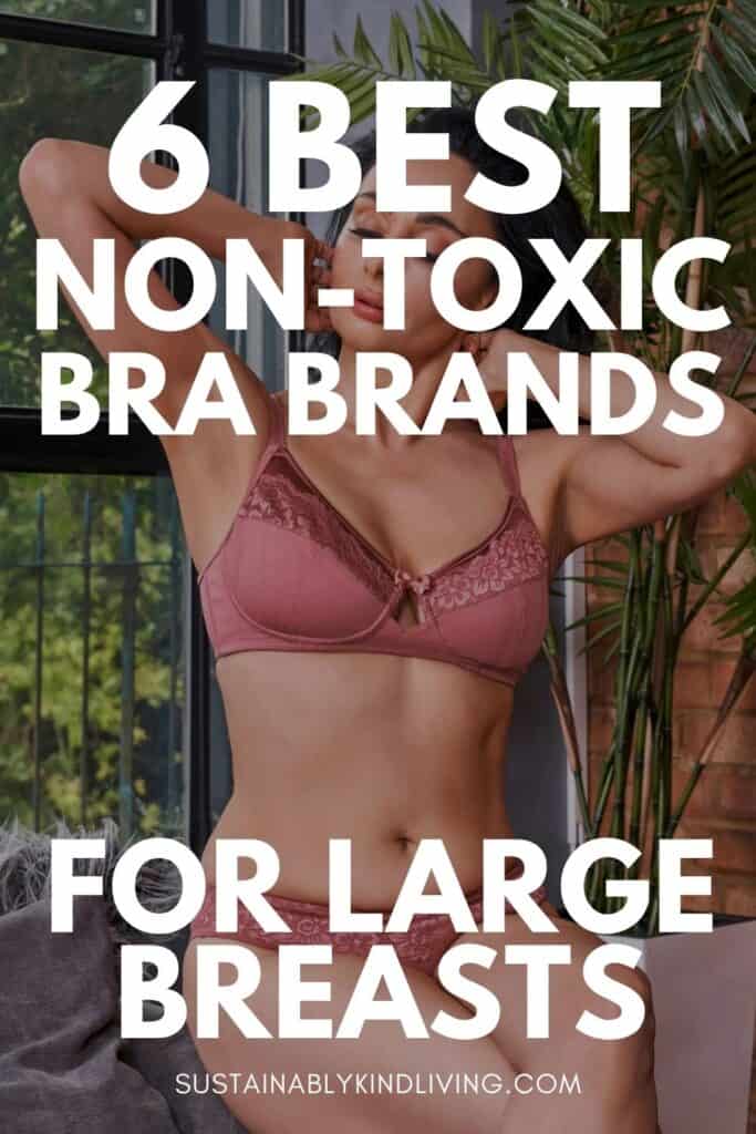 Woman wearing a supportive pink bra with text reading “6 Best Non-Toxic Bra Brands for Large Breasts.”