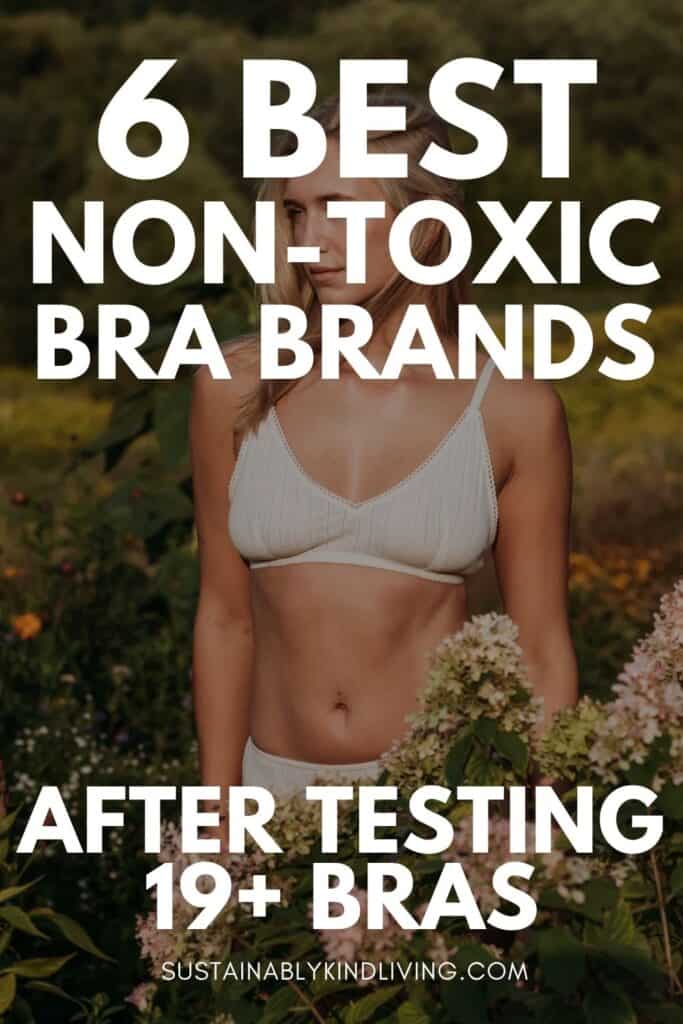 Woman wearing a white non-toxic bra outdoors with text reading “6 Best Non-Toxic Bra Brands After Testing 19+ Bras.”