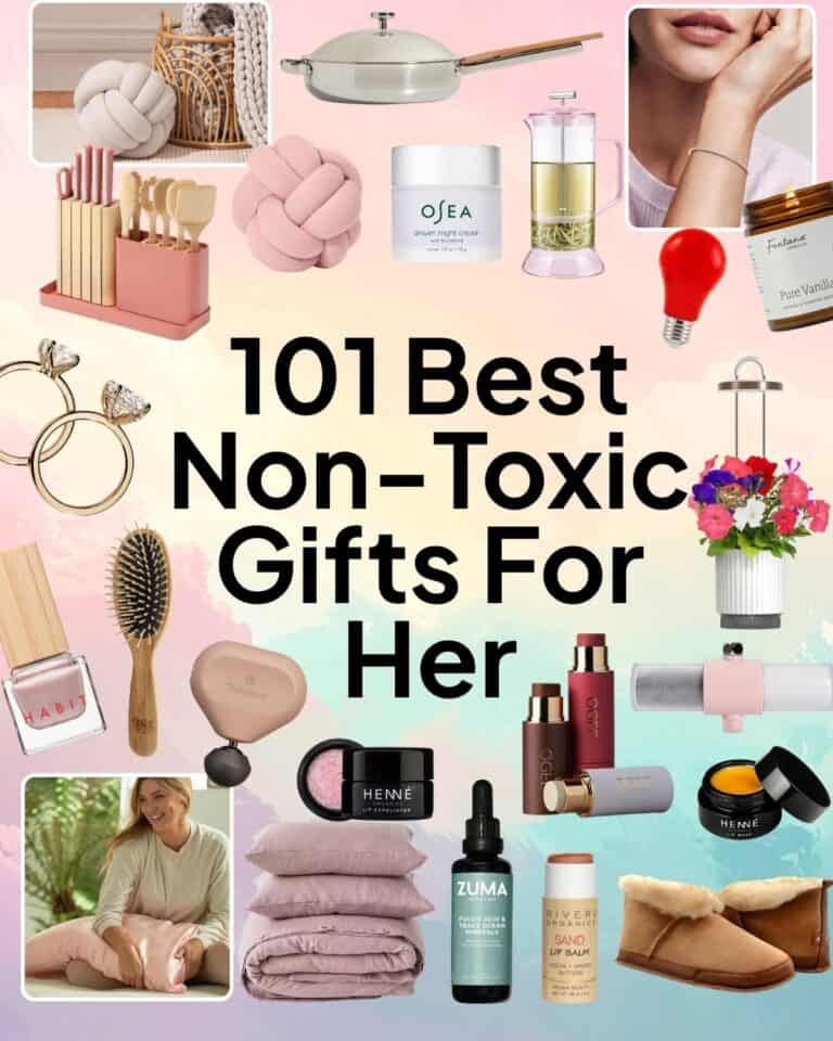 Collage of non-toxic and sustainable gifts for her, including clean beauty, jewelry, cookware, wellness and cozy home gifts.