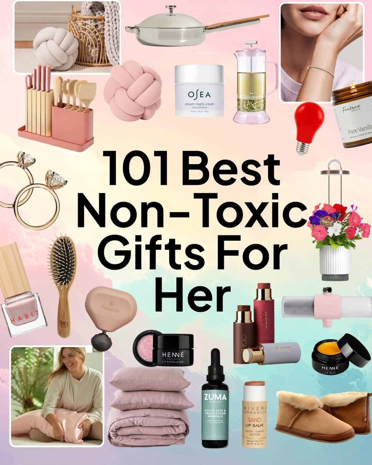 Collage of non-toxic and sustainable gifts for her, including clean beauty, jewelry, cookware, wellness and cozy home gifts.