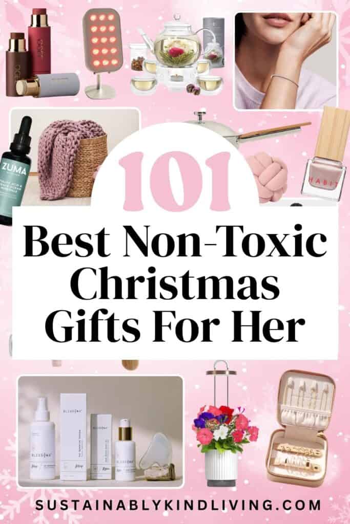 Collage of non-toxic Christmas gifts for her, including clean beauty, tea, wellness tools, jewelry and cozy home gifts.