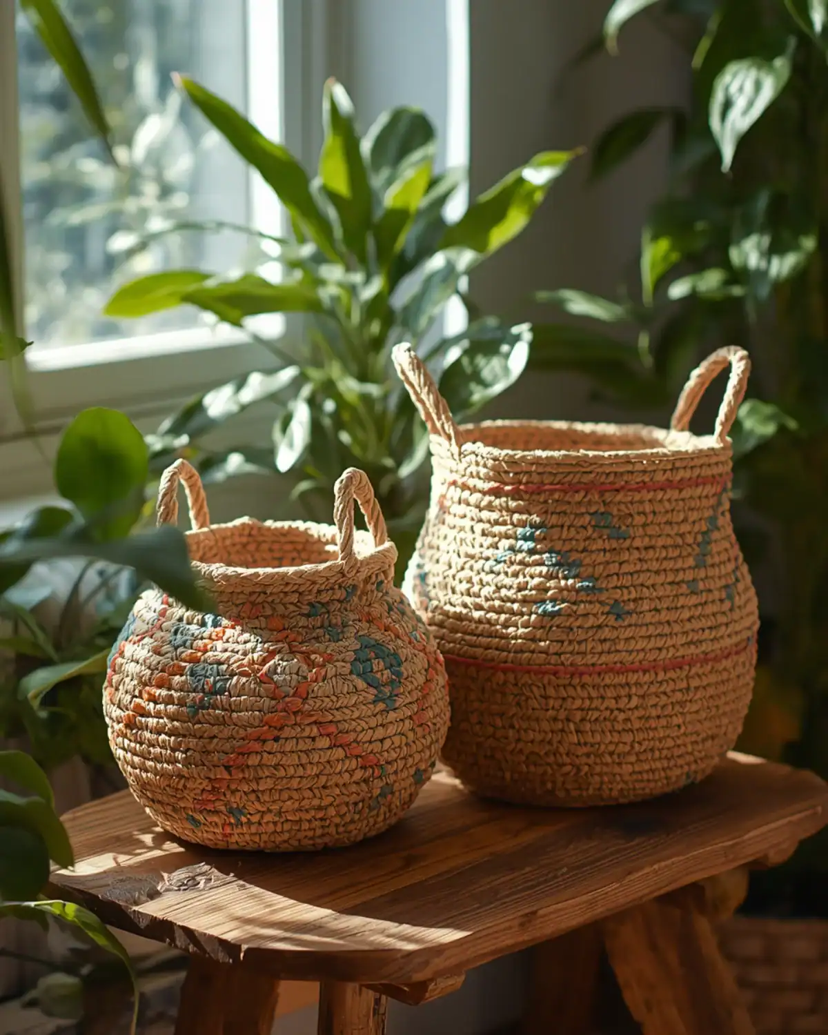 Handmade bohemian rope baskets with woven handles and colorful stitched details, displayed on a wooden table beside houseplants.