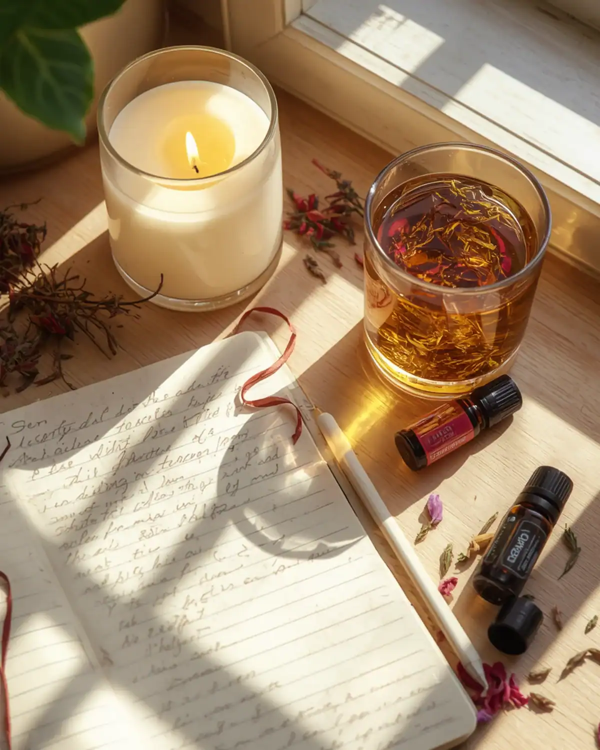 Morning ritual gift kit wrapped in linen with tea, candle, and journal.
