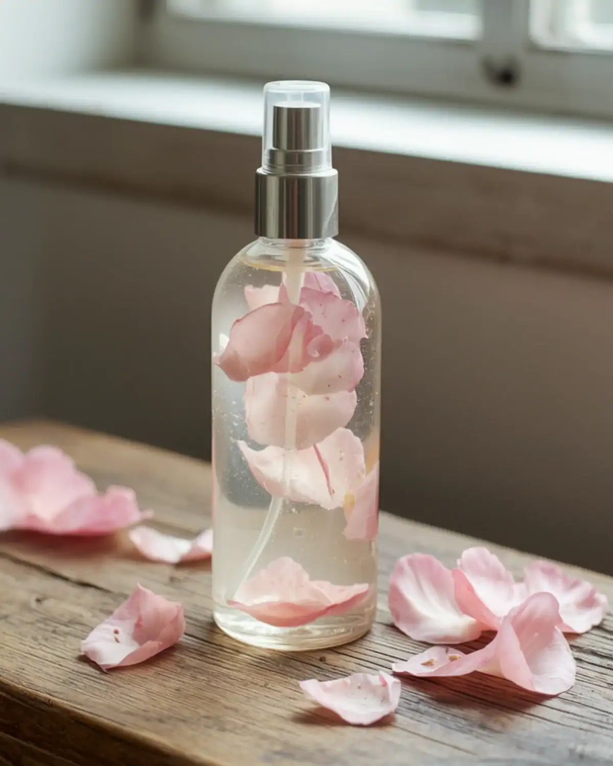 Homemade rose body mist in a clear glass spray bottle with pink rose petals on a wooden table.
