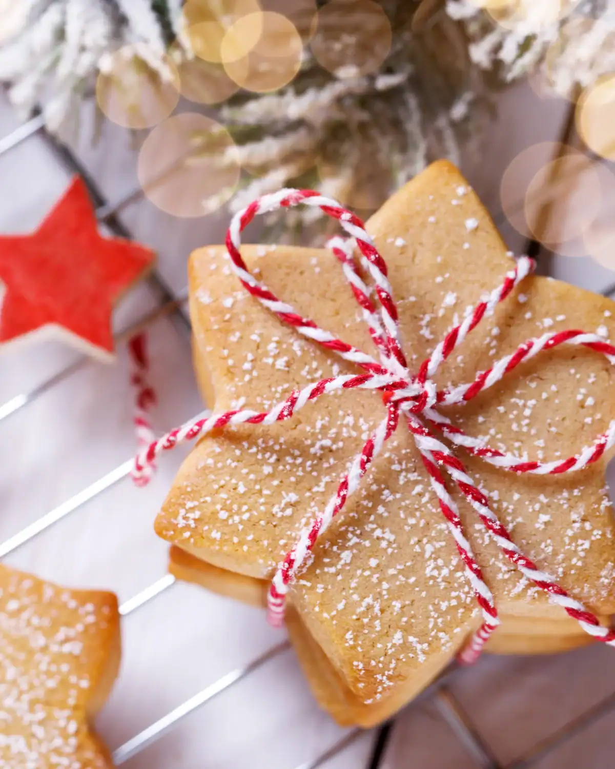 Stack of homemade shortbread cookies tied with compostable twine.