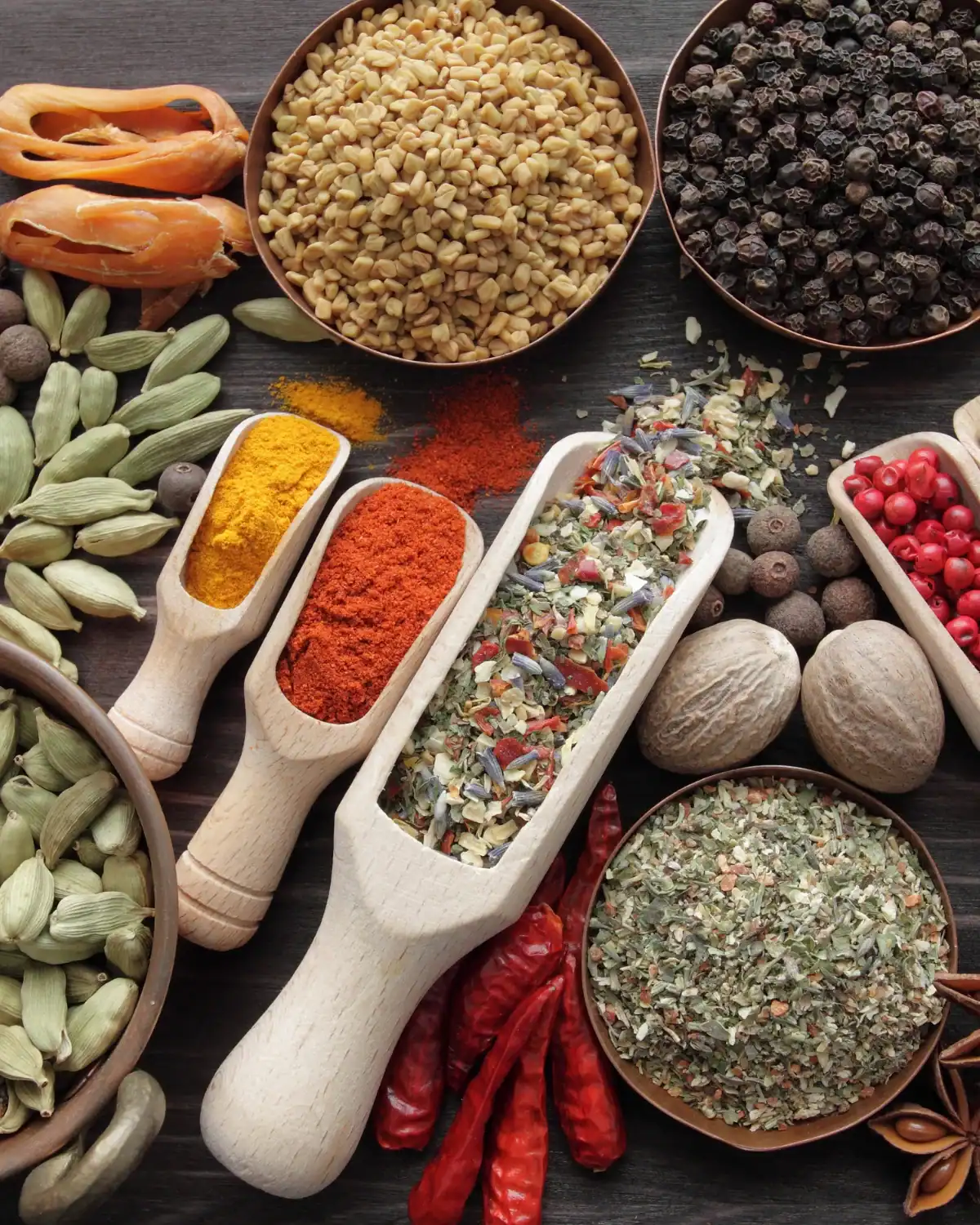 Assortment of whole and ground spices for making a homemade spice blend, including paprika, black pepper, cardamom, dried herbs, and chilies.