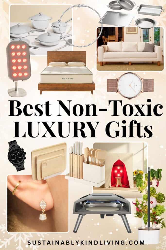 Collage of luxury non-toxic gifts, including cookware, fine jewelry, watches, a mattress, sofa, red light therapy lamp, indoor garden, sauna, and kitchen tools.