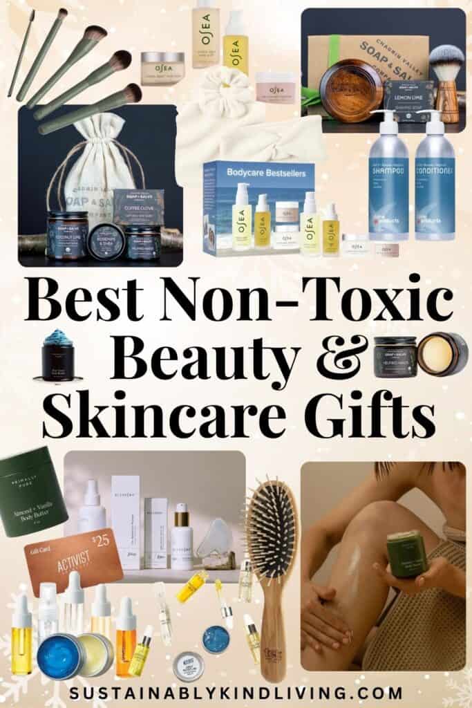 Collage of non-toxic beauty and skincare gifts, including makeup brushes, shampoo and conditioner, body care, lip products, skincare sets, and a wooden hairbrush.