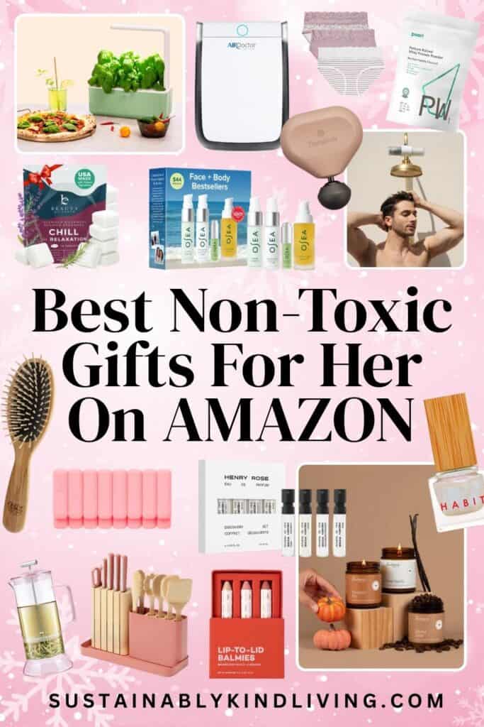 Non-toxic gifts for her on Amazon featuring clean beauty, organic textiles, safer kitchenware and wellness essentials.