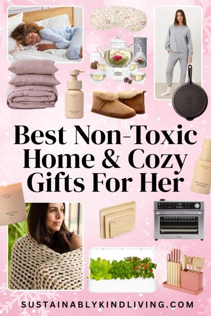 Non-toxic home gifts for her featuring organic textiles, cast iron cookware, natural bedding and cozy home essentials.