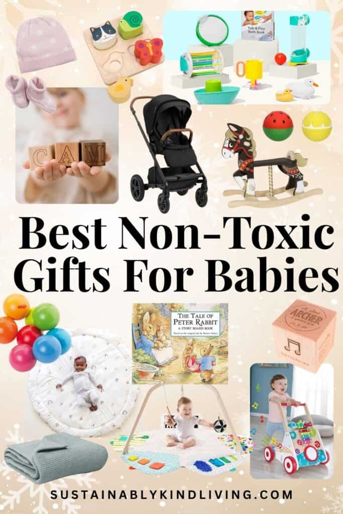Collage of non-toxic baby gifts, including wooden toys, organic clothing, a stroller, play mat, books, blankets, bath toys, and a baby walker.