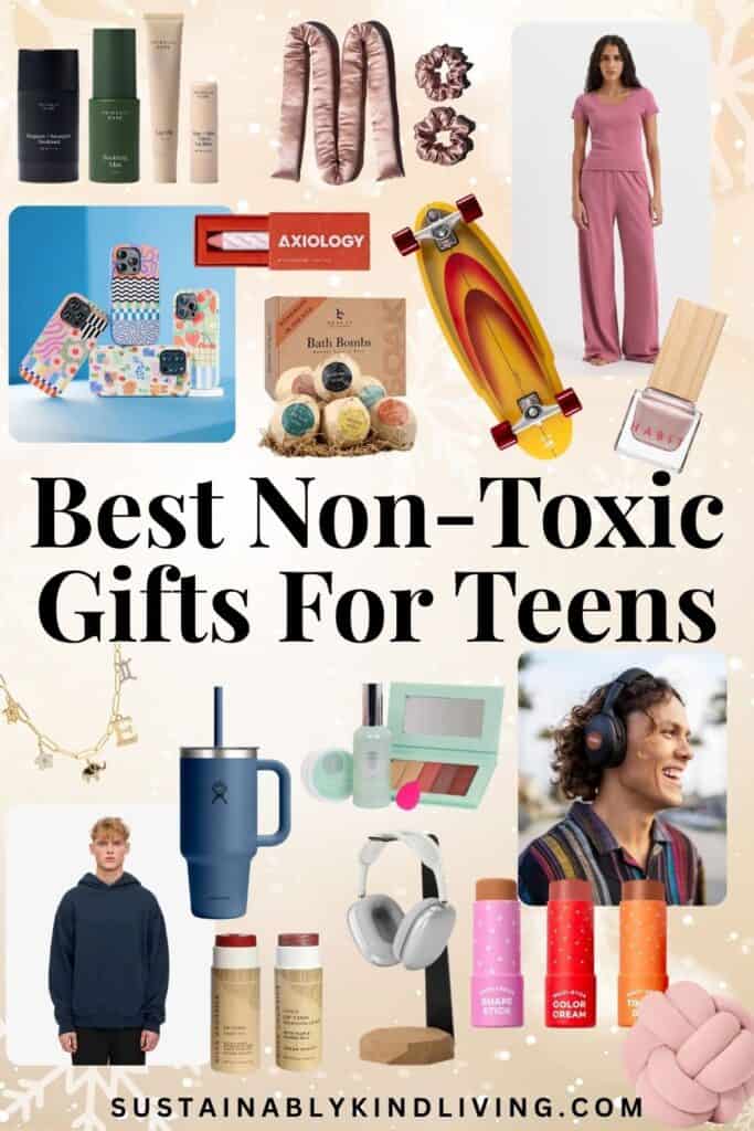Collage of non-toxic gifts for teens, including clean makeup, skincare, headphones, clothing, a skateboard, jewelry, a tumbler, and colorful phone accessories.