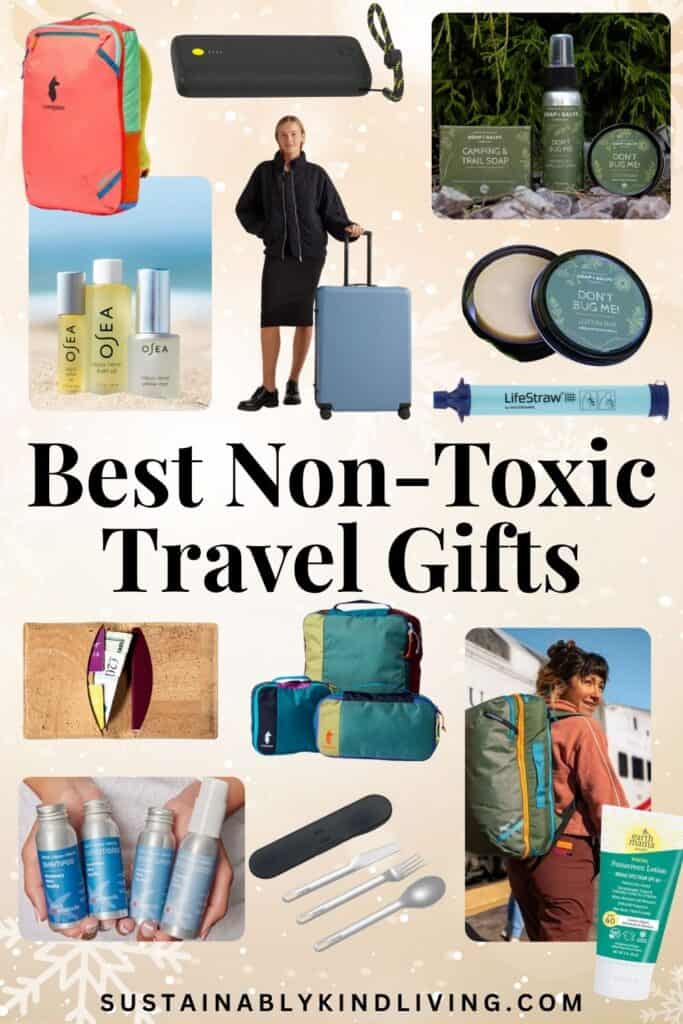 Collage of non-toxic travel gifts, including packing cubes, luggage, toiletries, reusable utensils, a water filter, backpack, and portable charger.