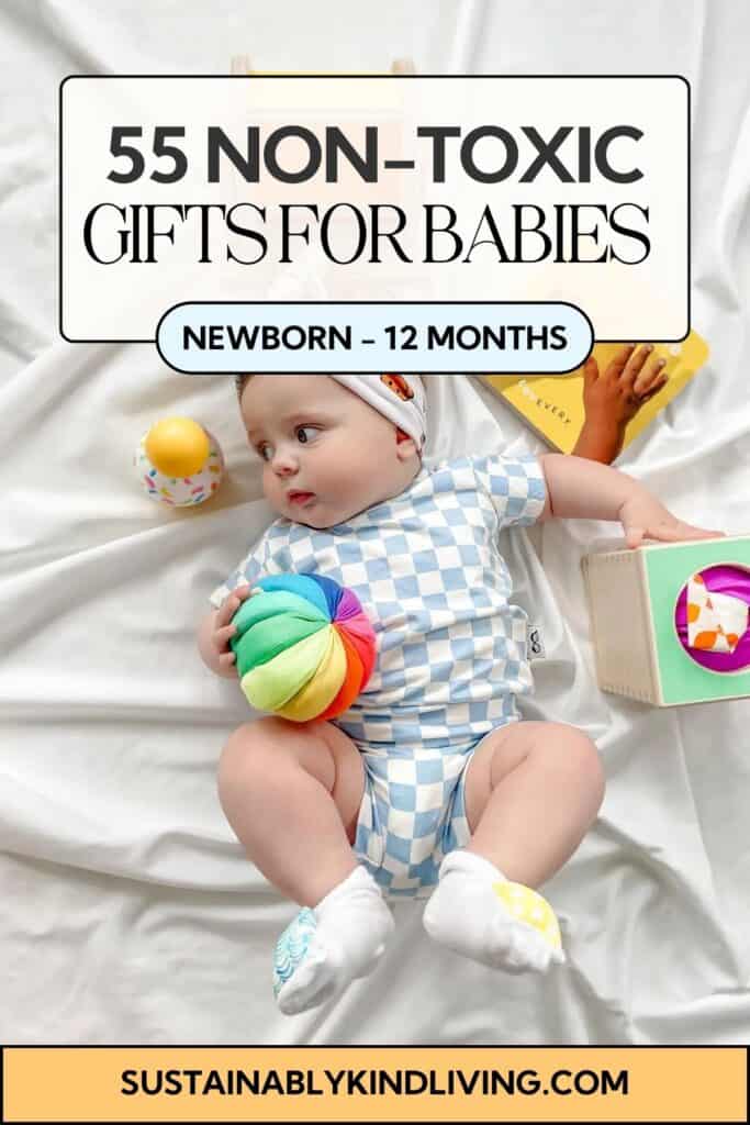 Baby in a blue checkered outfit holding a colorful soft toy for a guide to non-toxic gifts for babies from newborn to 12 months.