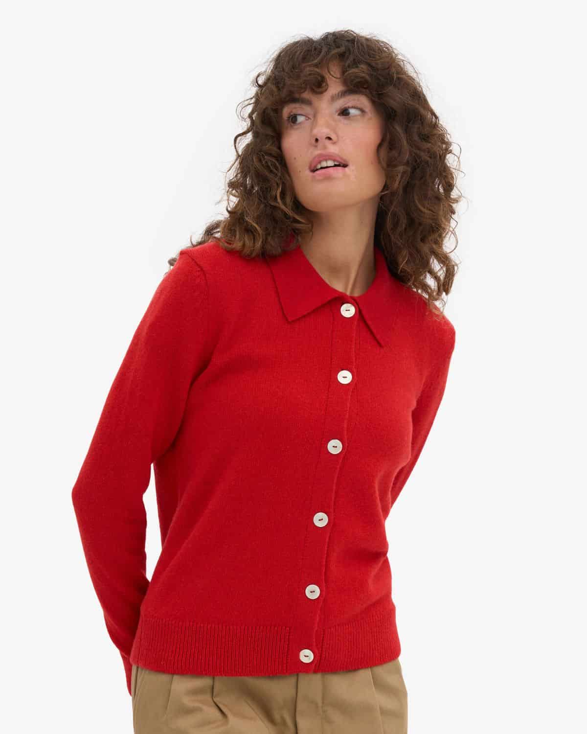 Colorful Standard red recycled merino wool cardigan featured in my personally tested guide to the best non-toxic sweaters and cardigans