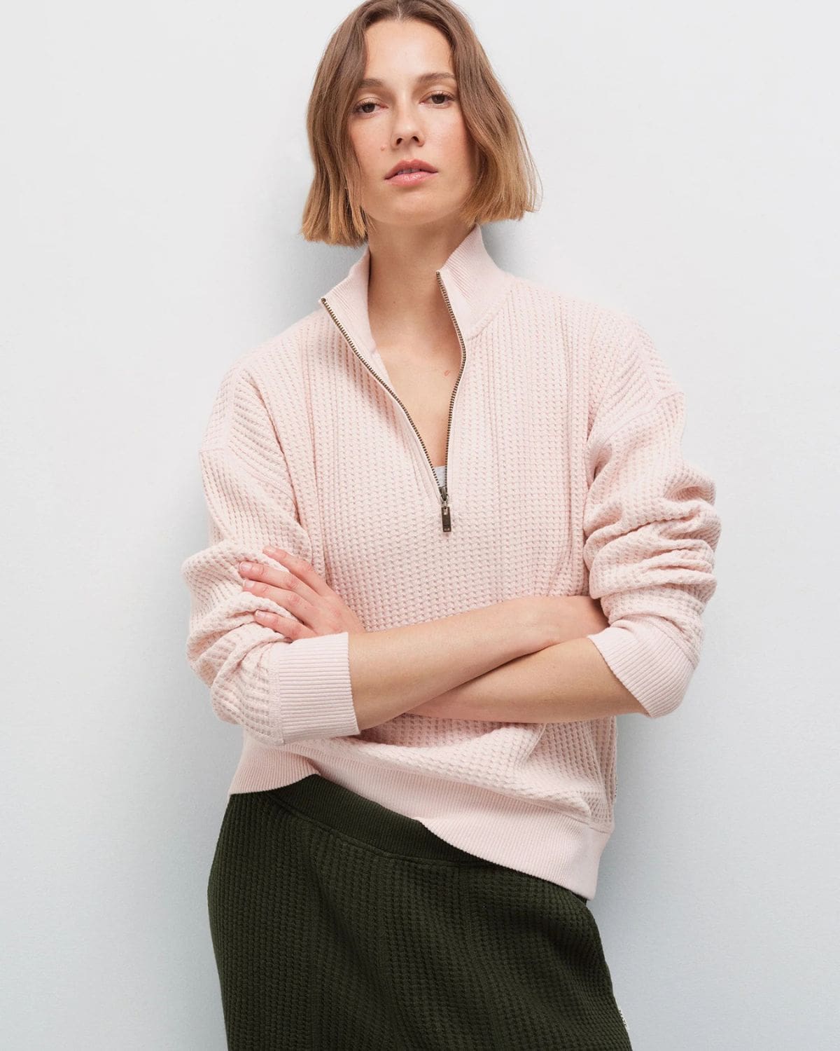 MATE the Label organic cotton half-zip sweatshirt featured in my personally tested guide to the best non-toxic sweaters and cardigans