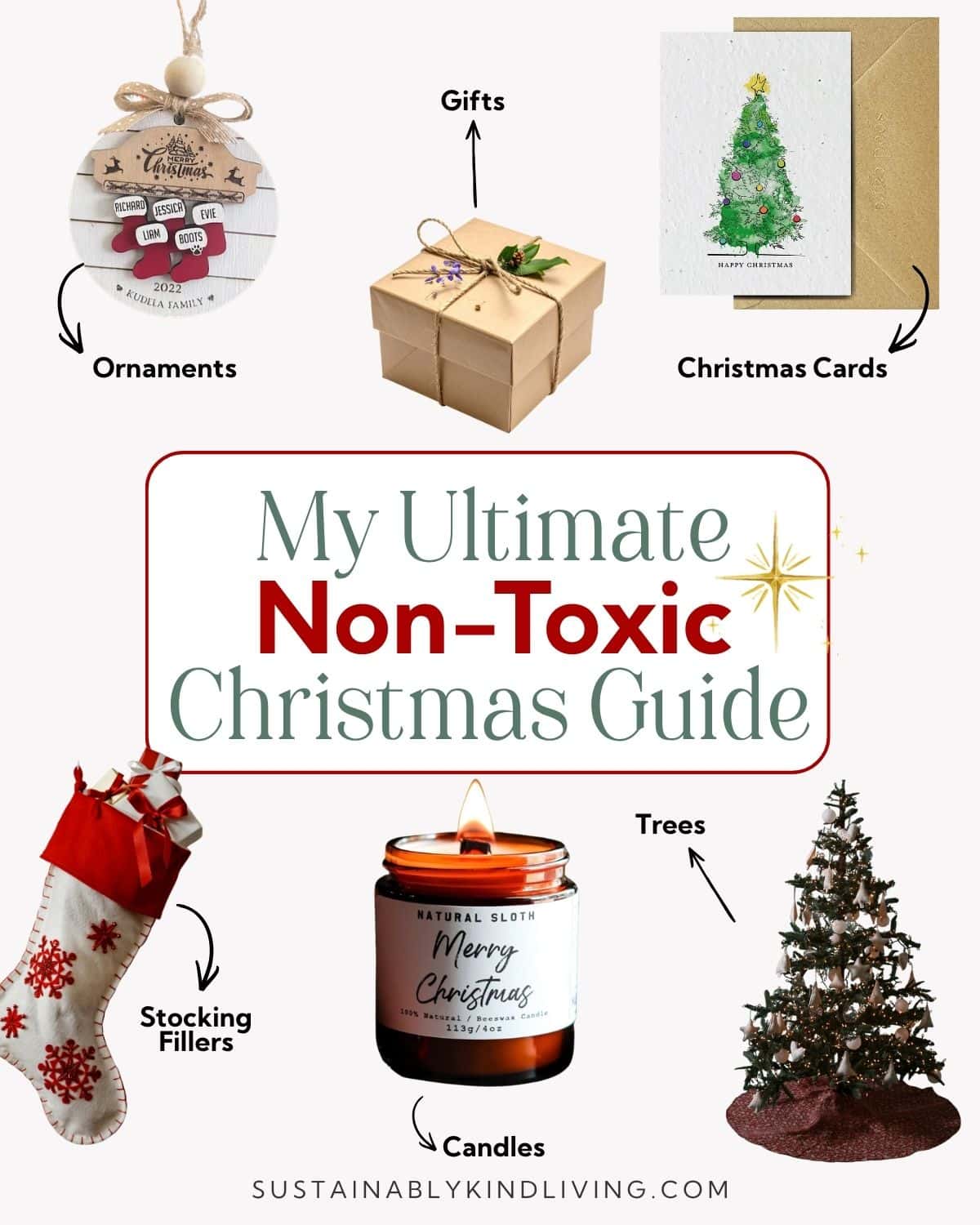 My Ultimate Non-Toxic Christmas Guide infographic highlighting safer Christmas gifts, ornaments, candles, Christmas cards, stocking fillers, and Christmas tree ideas for a healthier holiday.
