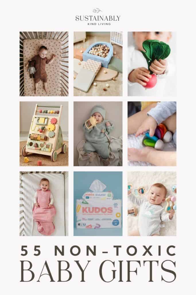 Baby lying on a cream rug holding a wooden toy as part of a non-toxic baby gift guide.