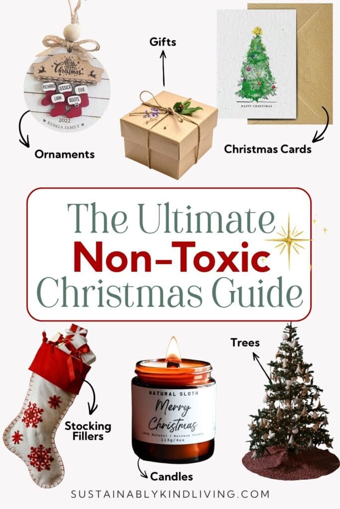 Pinterest graphic titled "The Ultimate Non-Toxic Christmas Guide" featuring eco-friendly Christmas categories including ornaments, gifts, Christmas cards, stocking fillers, candles, and Christmas trees with product images surrounding the headline.