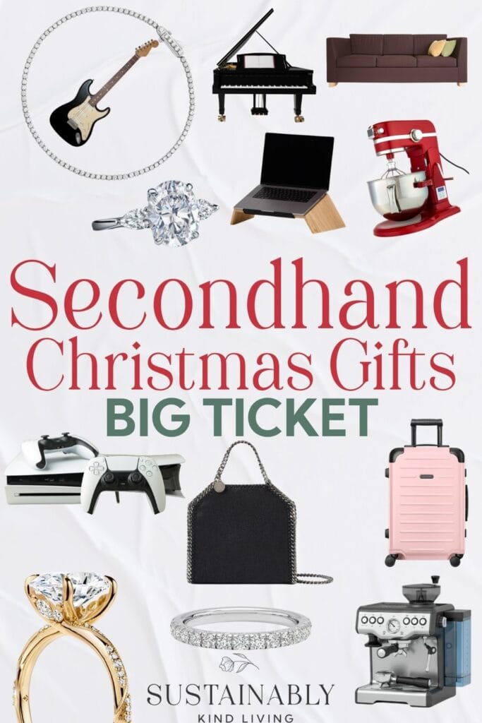 Big-ticket secondhand Christmas gifts featuring electronics, record players, musical instruments, kitchen appliances, bicycles, luggage, tools, exercise equipment, and solid wood furniture.