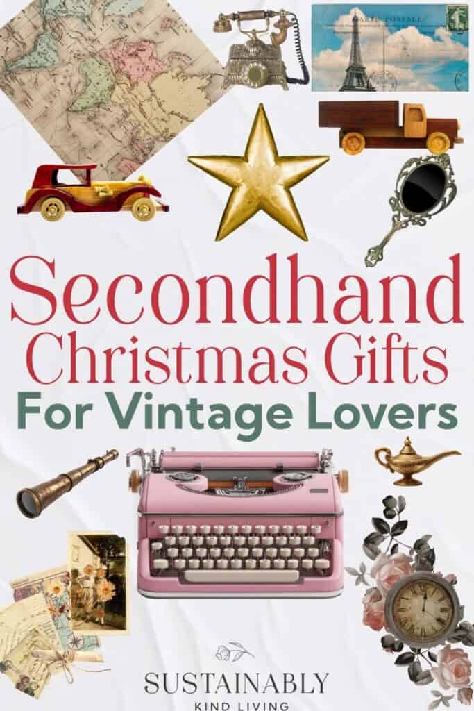 Vintage and sentimental secondhand Christmas gifts featuring old maps, postcards, ornaments, collectibles, keepsake boxes, family photos, music memorabilia, and nostalgic finds.
