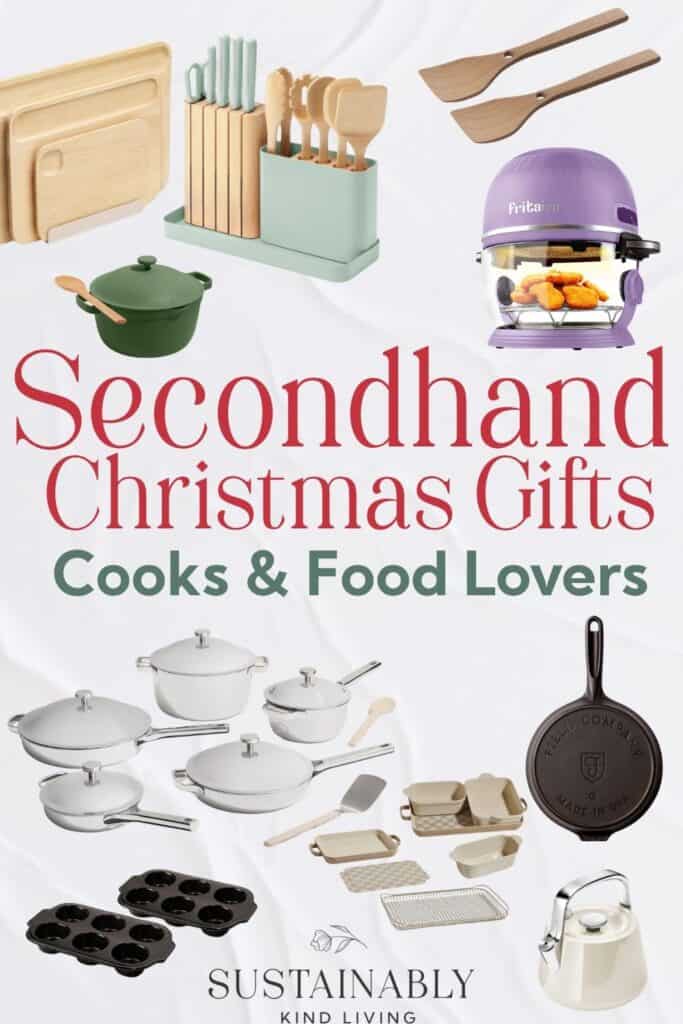 Secondhand Christmas gifts for cooks and food lovers featuring cookware, baking tools, kitchen utensils, glass storage, linens, cookbooks, and kitchen appliances.