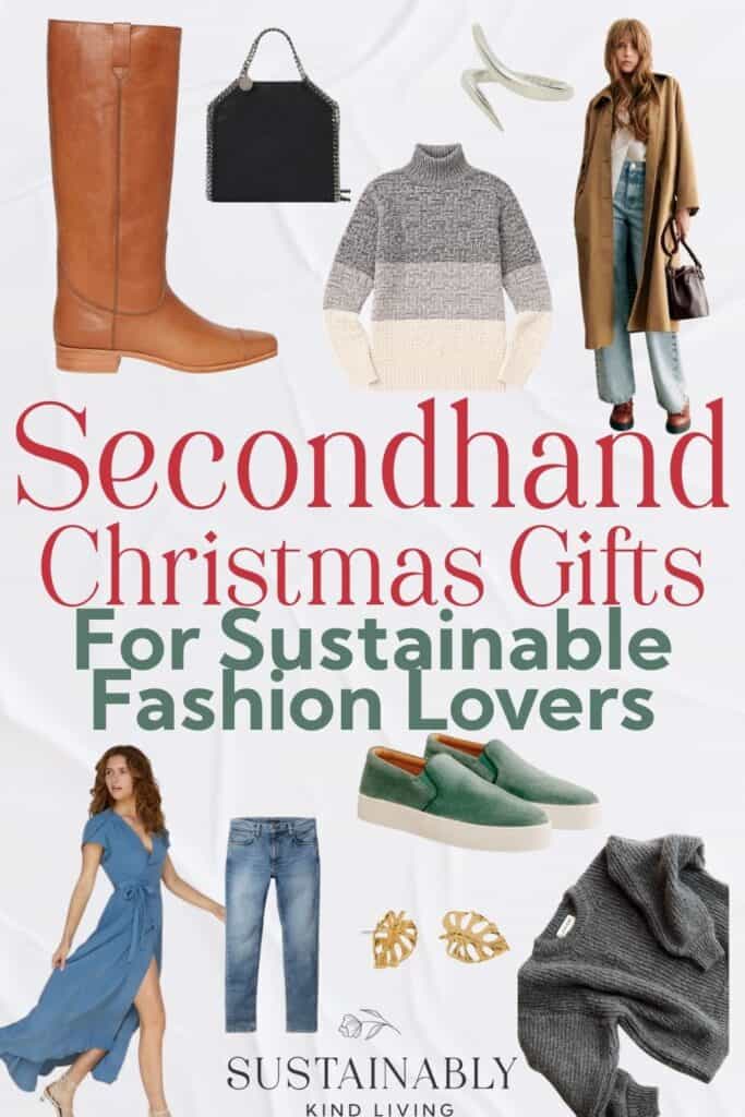Secondhand Christmas fashion gifts featuring sweaters, scarves, coats, leather accessories, boots, jewelry, watches, and other pre-loved clothing finds.