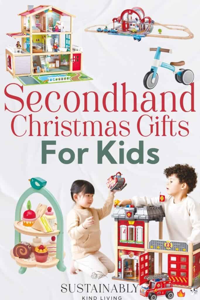 Secondhand Christmas gifts for kids featuring books, wooden toys, building sets, puzzles, games, dolls, bicycles, and creative play gifts.