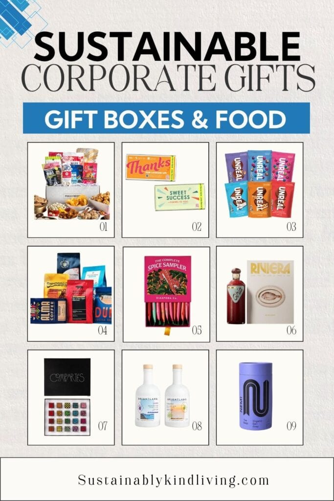 Sustainable corporate food gift ideas including snack boxes, thank-you chocolates, Unreal candy, coffee, spice sampler, specialty food gifts, boxed chocolates, Brightland olive oil, and organic tea.